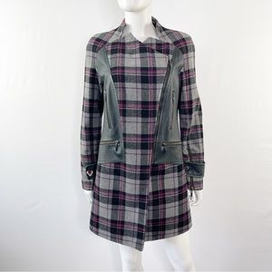 A. Moss Gray Plaid Wool Zip Up Pea Coat with Leather Panels Size 4
